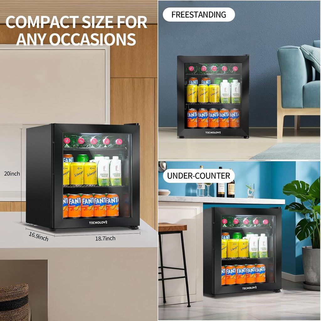 Beverage Refrigerator Cooler,Mini Fridge,Free Standing,1.6 Cu.Ft Cools Down To 32 ℉,Stainless Steel,LED Touchscreen Digital Temp Control,Under Counter,Double-layer Glass Door,Adjustable Shelves,Black