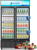 AAOBOSI 44'Commercial Merchandiser Refrigerator,27.02 Cu.Ft Glass Door Display Refrigerator,Upright Beverage Fridge with Soft LED Light,Customizable Lightbox,Universal Casters,Adjustable Shelves