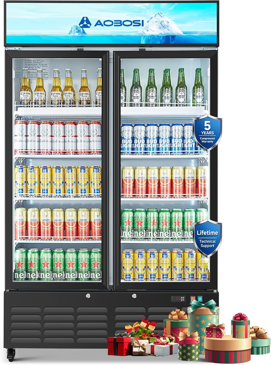 AAOBOSI 44'Commercial Merchandiser Refrigerator,27.02 Cu.Ft Glass Door Display Refrigerator,Upright Beverage Fridge with Soft LED Light,Customizable Lightbox,Universal Casters,Adjustable Shelves