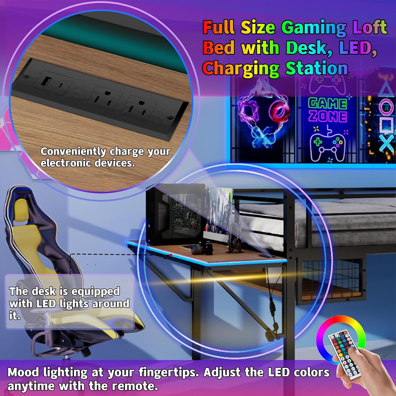 Linique Full Size Gaming Loft Bed with Desk, LED, Charging Station and Staircase, Metal Bed Frame with Vented Mesh Undercarriage Storage, Black + Light Brown