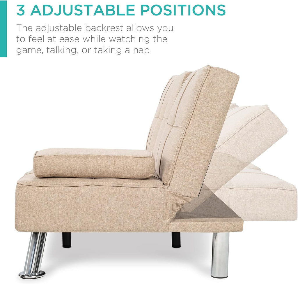 Best Choice Products Linen Modern Folding Futon, Reclining Sofa Bed for Apartment, Dorm w/Removable Armrests, 2 Cupholders - Beige