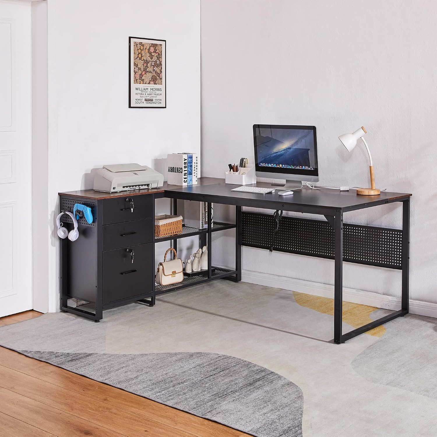70 Inch Reversible L Shaped Desk with Drawers,Executive Desk with Power Outlet, Lockable File Drawer and Storage Shelves,L Shaped Office Desk with Pegboard,Large Corner Desk for Home Office (70.5')