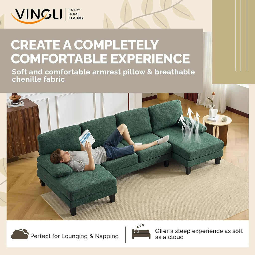 VINGLI 110' U-Shaped Sectional Couch with Two Chaise, Affordable Small Sofa with 4 Seats, Chenille Fabric Comfy Couches for Living Room, Dark Green