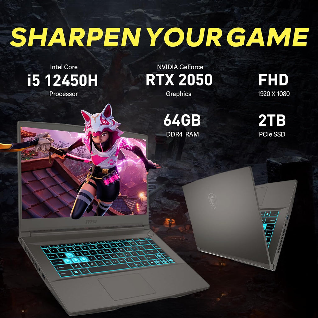 msi Thin 15.6' FHD IPS 144Hz Gaming Laptop, Intel i5-12450H, 64GB RAM, 2TB PCIe SSD, GeForce RTX 2050, Backlit Keyboard, WiFi 6, Black, Win 11 Pro, 128GB Hotface Extension Set