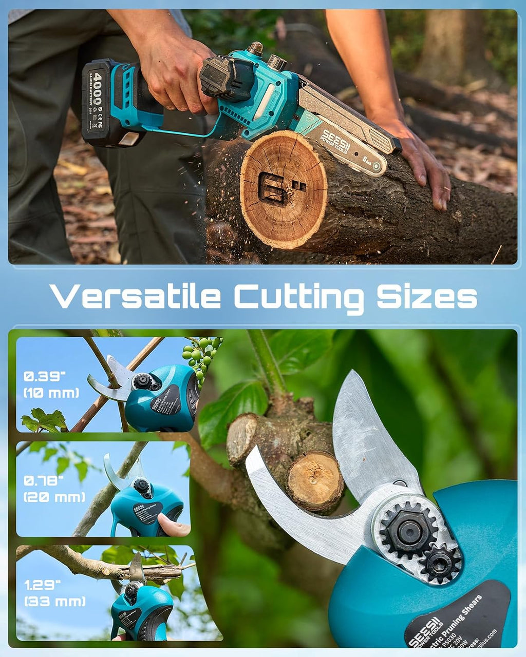 SEESII 4-in-1 Pole Saw & Pruning Shears Combo Kit, 6 Inch Mini Chainsaw for Tree Trimming, Battery Powered Chain Saw with Extension Pole, Limb Branch Cutter Pruner with 2 x 4000mAh Batteries
