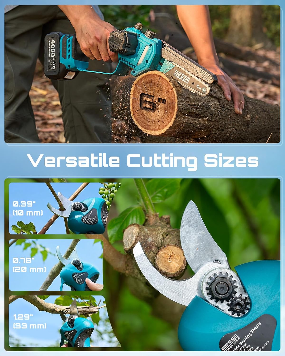 SEESII 4-in-1 Pole Saw & Pruning Shears Combo Kit, 6 Inch Mini Chainsaw for Tree Trimming, Battery Powered Chain Saw with Extension Pole, Limb Branch Cutter Pruner with 2 x 4000mAh Batteries