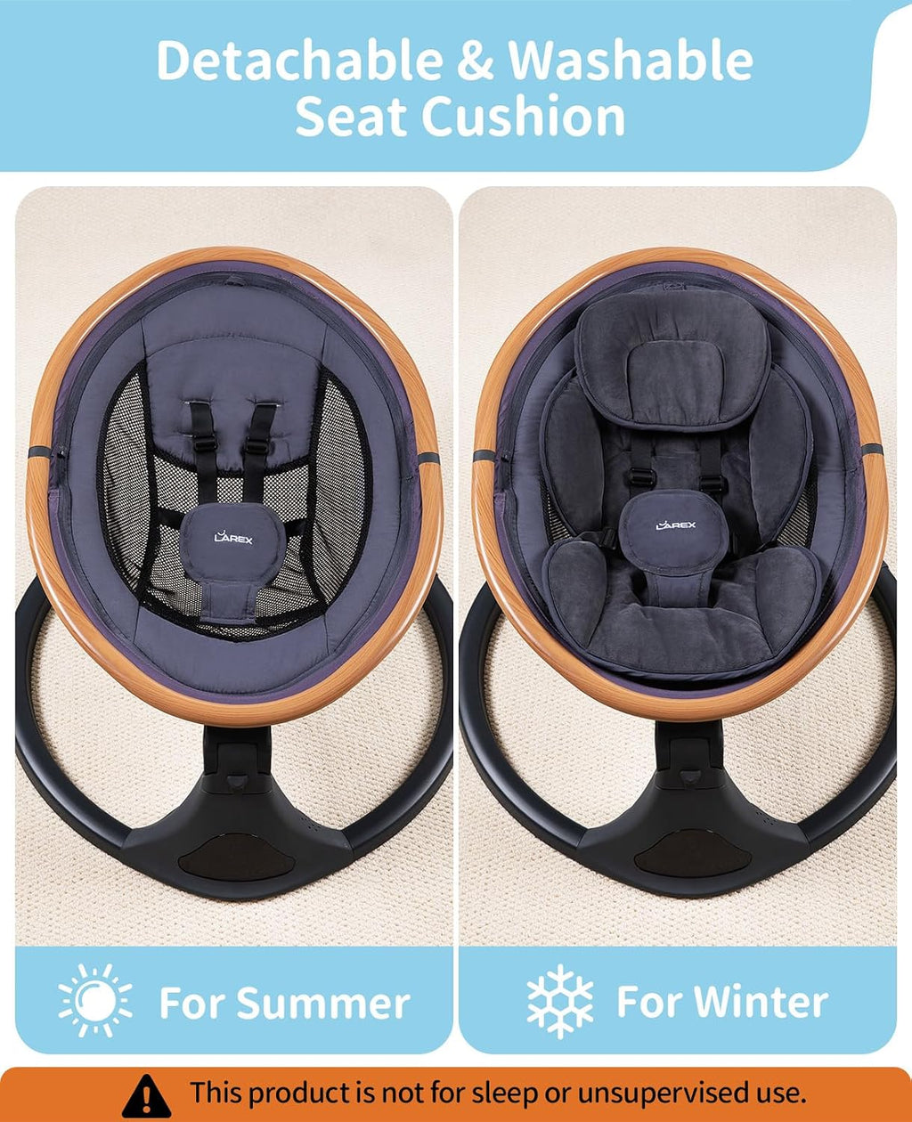 LAREX Baby Swing to Toddler Electric Infant Swing Portable for Newborn Boy Girl, 5 Sway Speeds with Remote Control, 12 Preset Melodies and Bluetooth, 0-6 Months Max 20 Lbs(Dark Wood Grain)