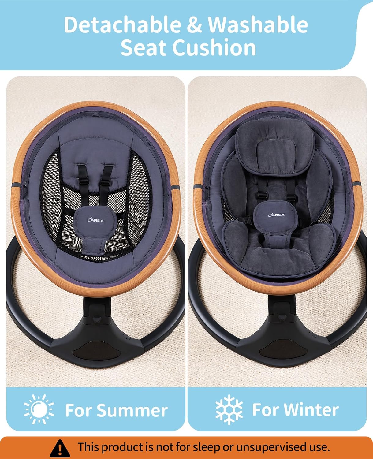 LAREX Baby Swing to Toddler Electric Infant Swing Portable for Newborn Boy Girl, 5 Sway Speeds with Remote Control, 12 Preset Melodies and Bluetooth, 0-6 Months Max 20 Lbs(Dark Wood Grain)