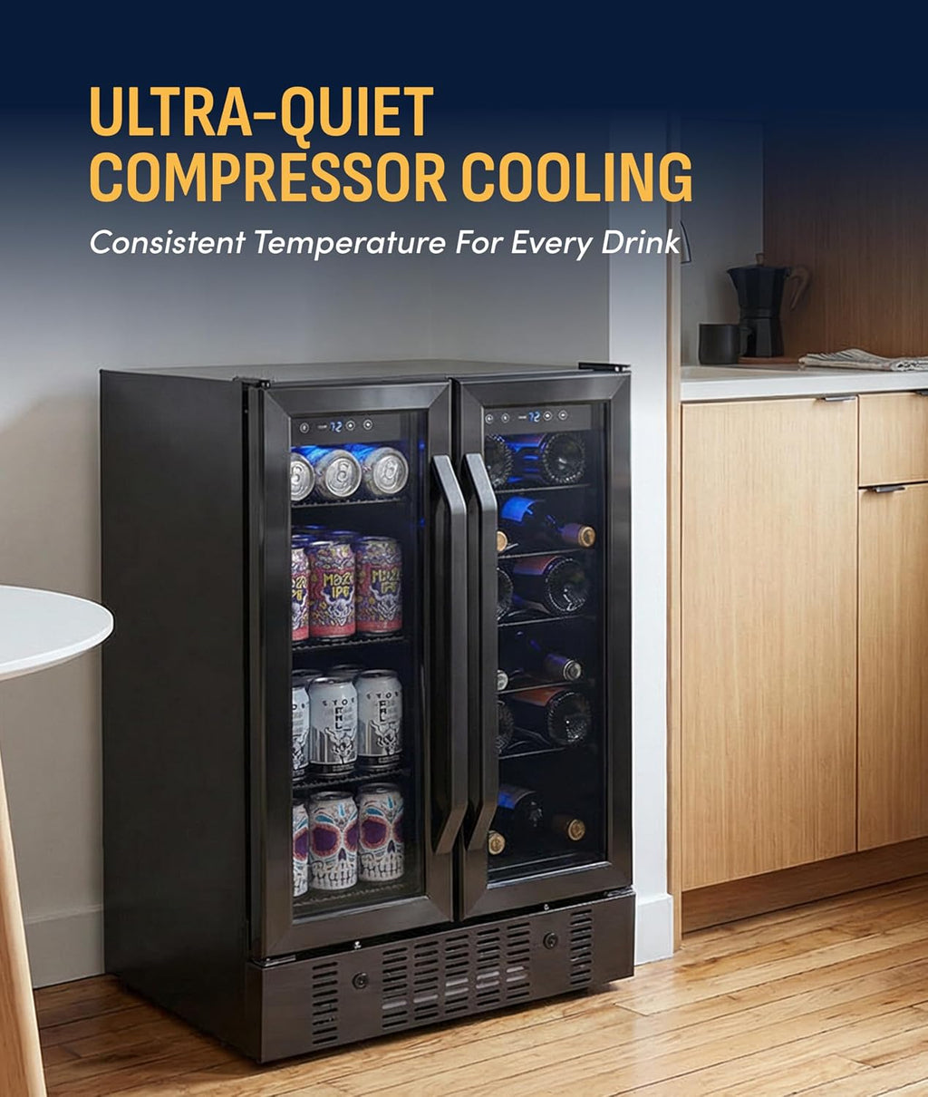 NewAir 24' Dual Zone Beverage Refrigerator & Wine Cooler for 18 Bottles & 58 Cans | Freestanding or Built-In Under Counter Mini Fridge for Beer, Wine and Soda | Black Stainless Steel