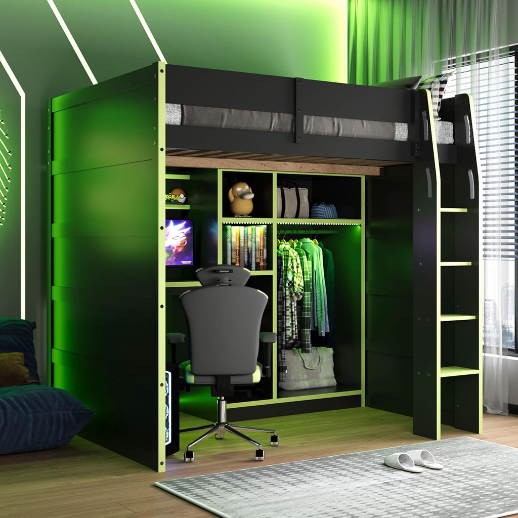 Merax Wood Loft Bed with Desk, Open Wardrobe, Storage Compartments and RGB Lights, Full Size, Green