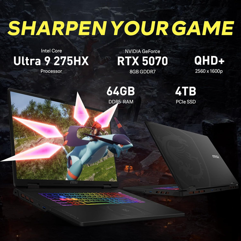 MSI Crosshair 18 HX AI 18' QHD+ 240Hz Gaming Laptop, Intel Ultra 9 275HX, NVIDIA RTX 5070 8GB GDDR7, 64GB DDR5, 5TB Storage (4TB SSD+1TB Docking Station), RGB Backlit Keyboard, Wi-Fi 6E, Win 11, Black