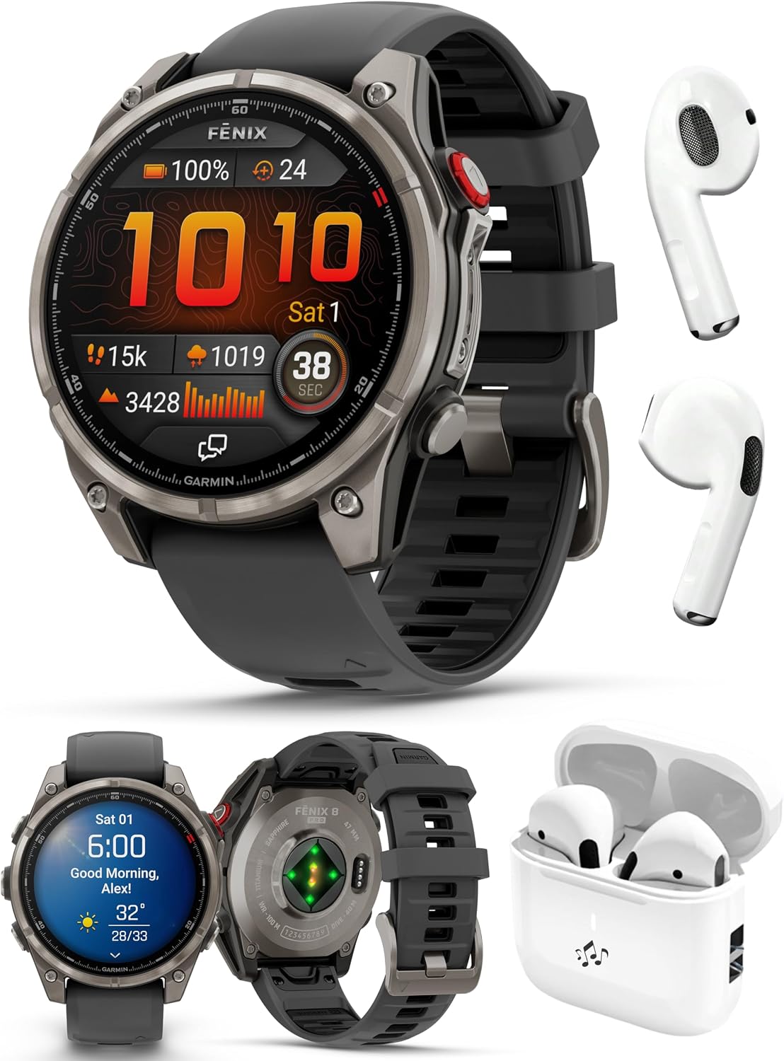 PlayBetter Garmin Fenix 8 Pro AMOLED Sapphire (47mm, Titanium/Graphite) Multisport GPS Smartwatch Bundle - 1.4' Touchscreen, inReach Technology Wireless Running Earbuds