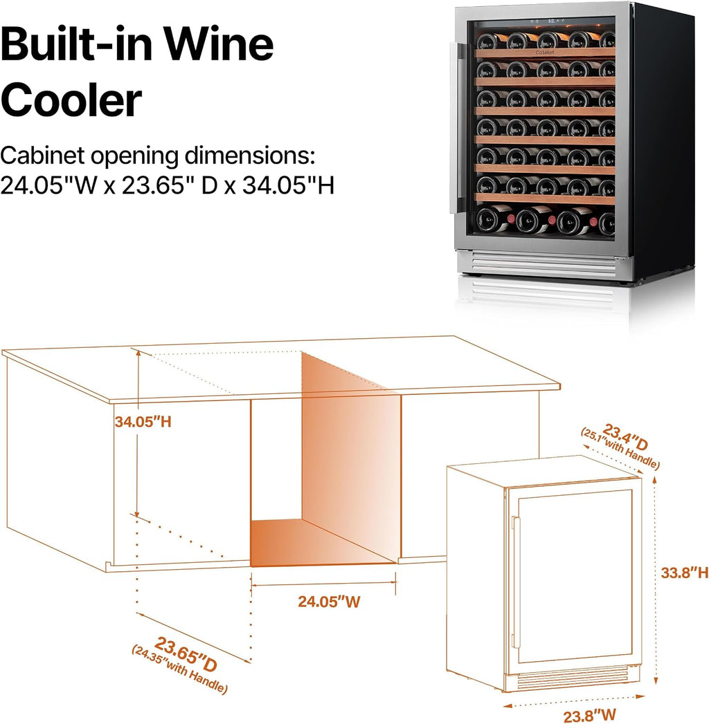 Ca'Lefort 24 Inch Wine Fridge, 61 Bottle Wine Cooler Refrigerator, 40-65°F Wine Refrigerator Glass Door, 3 LED Wine Fridge, Built-in or Freestanding Fridge for Home/Bar/Kitchen (5.65 cu.ft)