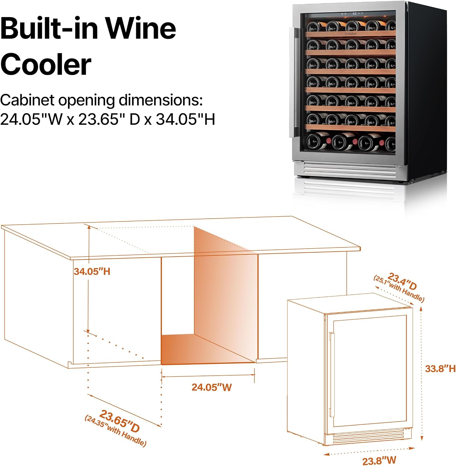 Ca'Lefort 24 Inch Wine Fridge, 61 Bottle Wine Cooler Refrigerator, 40-65°F Wine Refrigerator Glass Door, 3 LED Wine Fridge, Built-in or Freestanding Fridge for Home/Bar/Kitchen (5.65 cu.ft)