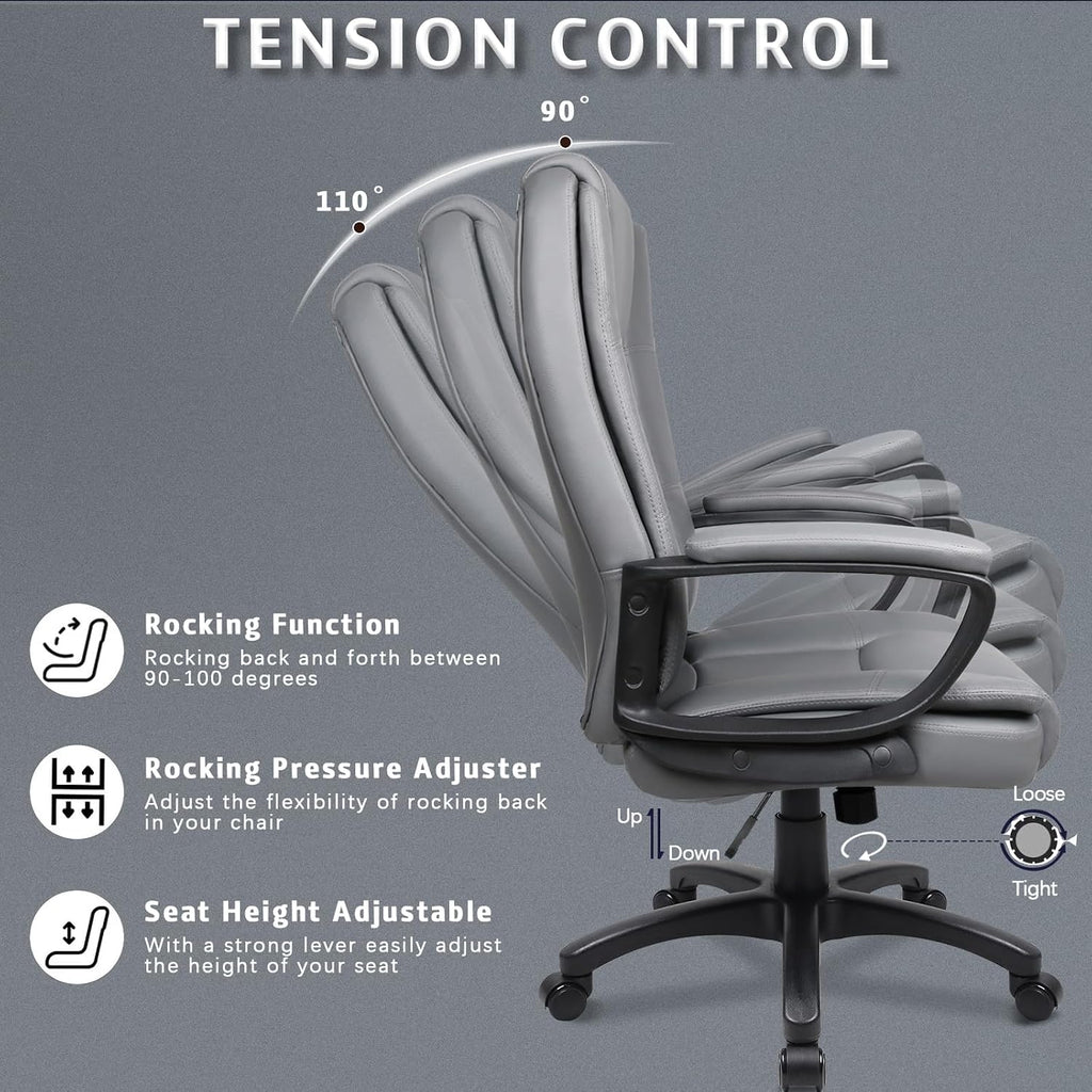 LEMBERI Office Desk Chair, Managerial Executive Chair, High Back Computer Chair, Ergonomic Height Adjustable PU Leather Chairs with Padded Armrest for Long Time Sitting, Grey