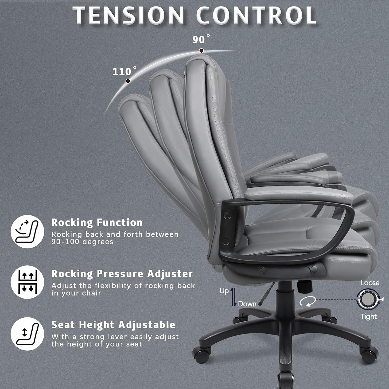 LEMBERI Office Desk Chair, Managerial Executive Chair, High Back Computer Chair, Ergonomic Height Adjustable PU Leather Chairs with Padded Armrest for Long Time Sitting, Grey