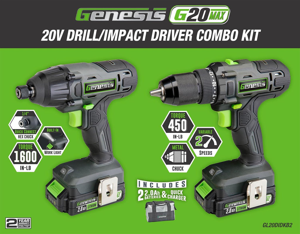 Genesis G20MAX 20V Drill/Impact Driver Combo Kit, LED Light Metal Ratcheting Chuck, 450 in-lbs drill, 1600 in-lb Impact Driver Two 2.0Ah Batteries, Charger, and Storage Bag GL20DIDKB2