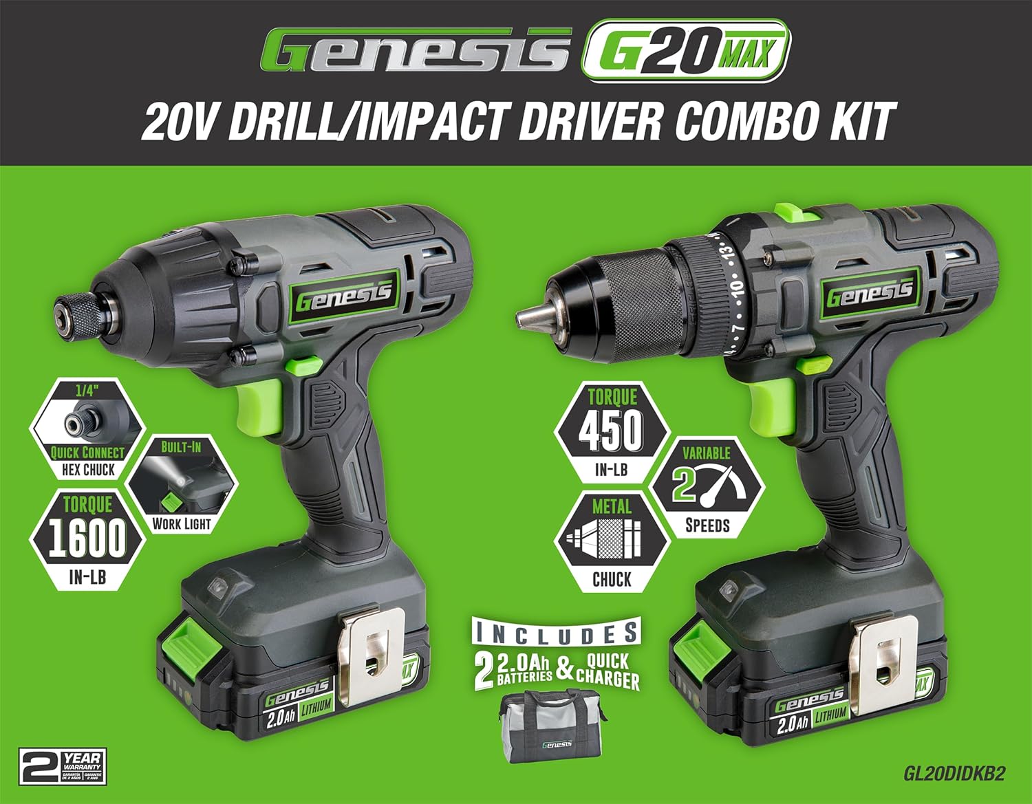Genesis G20MAX 20V Drill/Impact Driver Combo Kit, LED Light Metal Ratcheting Chuck, 450 in-lbs drill, 1600 in-lb Impact Driver Two 2.0Ah Batteries, Charger, and Storage Bag GL20DIDKB2