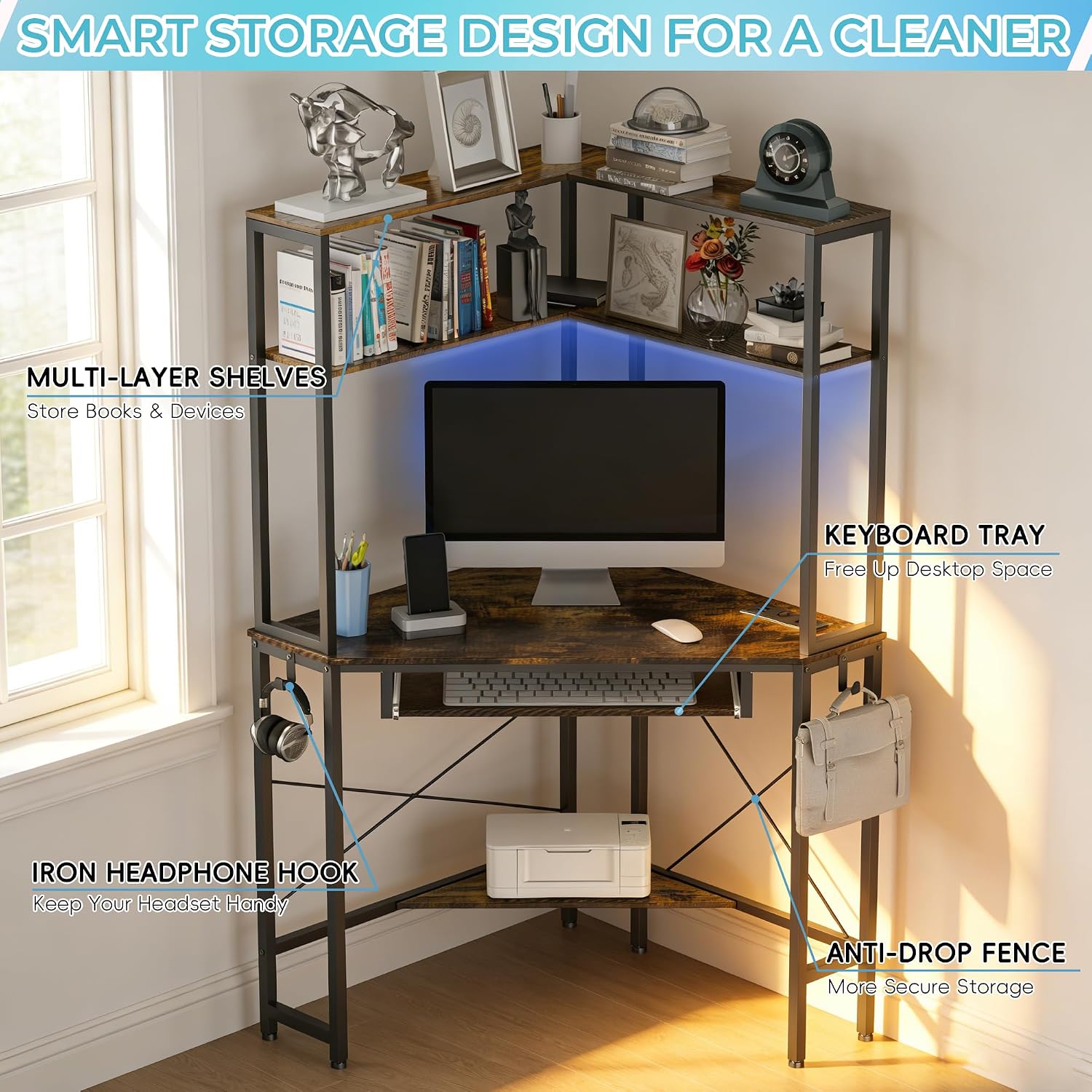 Corner Desk with Hutch and LED Lights, Corner Computer Desk with Keyboard Tray and Monitor Stand, Small Computer Desk for Small Spaces, Home Office（Rustic Brown）