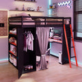 Full Gaming Loft Bed with Wardrobe & Desk & Charging Station & RGB Light,Esports Wood Loft Bed Frame with Storage Shelves,Curtains and DIY Pegboard,Space Saving,No Box Spring Needed,Black Red