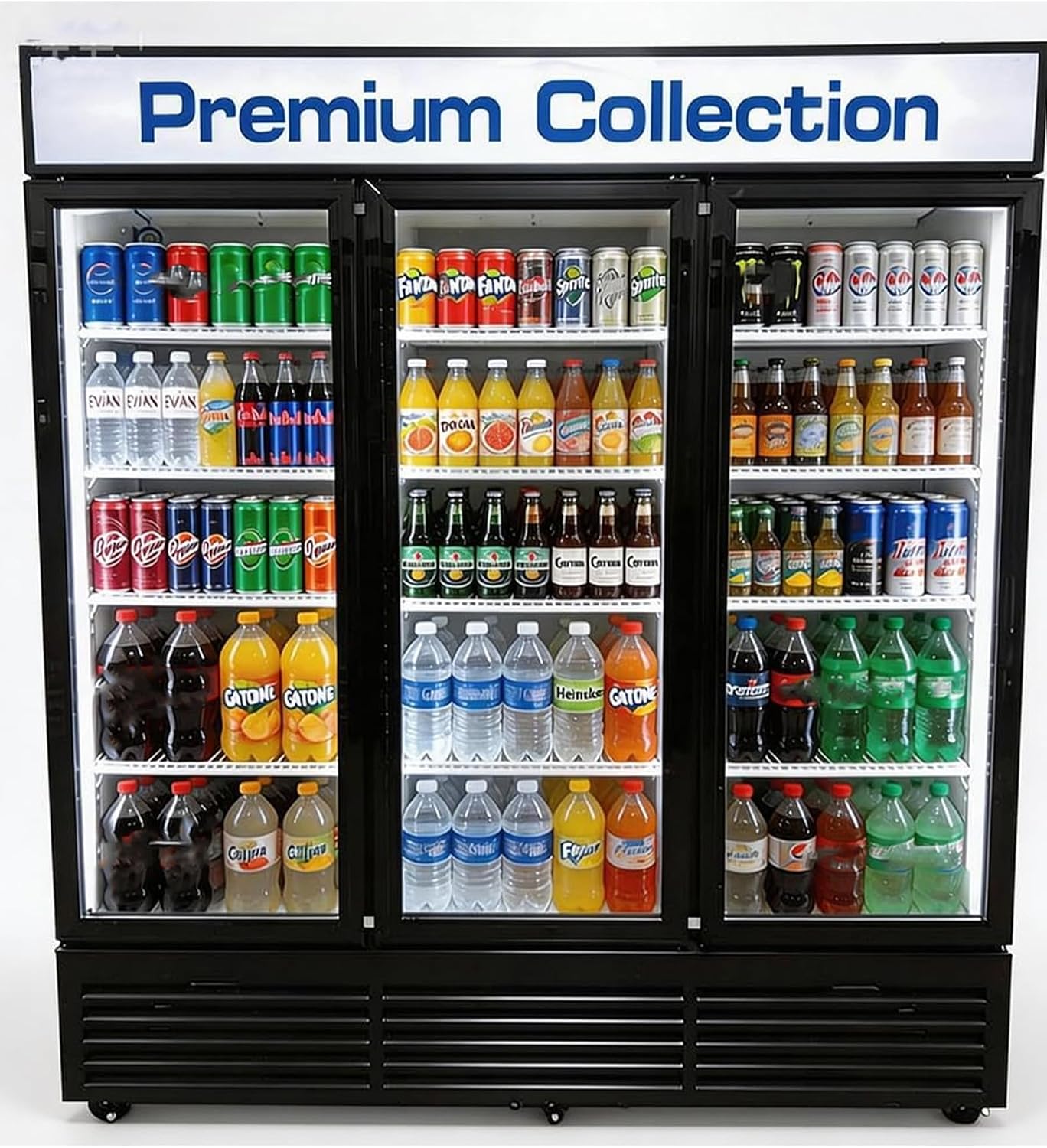 71' Wide Commercial Beverage Refrigerator Display Fridge, Three Glass Door Merchandiser Drink Cooler With LED Light 9 Adjustable Shelves,ETL Sanitation,63.5 Cu Ft,BLACK,Wheels Included