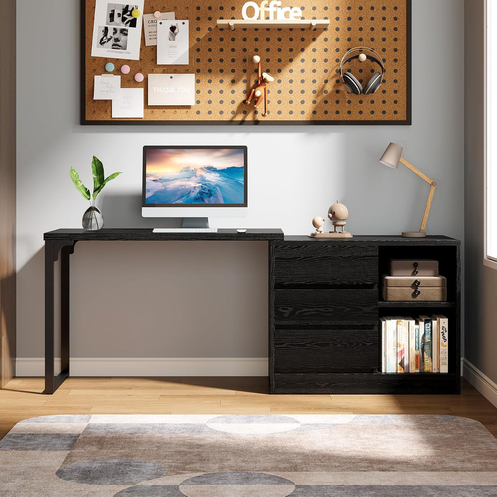 Tribesigns L-Shaped Computer Desk with Drawers and Shelves, Reversible Corner Office Desk with Storage Cabinet, Modern Study Writing Table for Home Office, Bedroom (Black)
