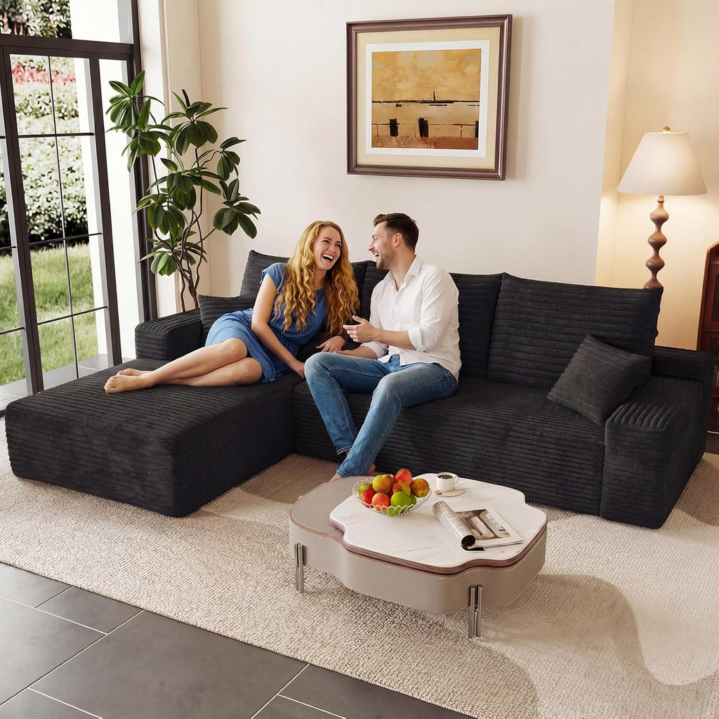 95' Modular Sectional Couch, Boneless L Shaped Cloud Sofa with Chaise Lounge, Corduroy Upholstered Couches Memory Foam Deep Seat, No Assembly Required, Ideal for Living Room(Black, Left Facing)
