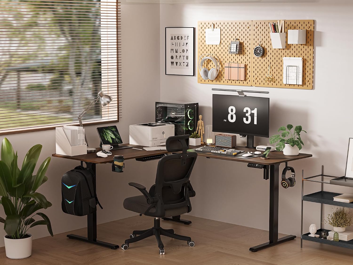 WALKINGDESK 55X45 Inches Reversible L Shaped Standing Desk Height Adjustable with Cup Holder, Electric Corner Computer Desk, Sit Stand up Home Office Desk, Ergonomic Gaming Desk, Black Walnut