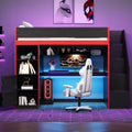 SOFTSEA Twin Size Gaming Loft Bed with Desk & Storage Stairs, Solid Wood Loft Bed with LED Lights, Wardrobe and Shelves, Space-Saving Gaming Bed for Kids Teens Adults, Black + Red