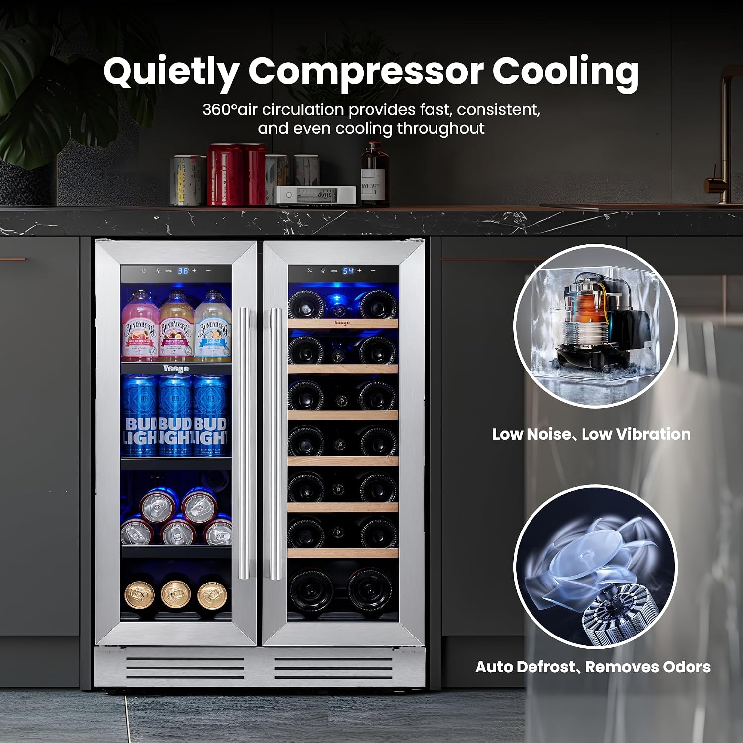 Yeego Wine and Beverage Refrigerator, 24 Inch Dual Zone Wine Fridge, Built-in or Freestanding Wine Cooler with Glass Doors, Under Counter Drink Fridge for Wine/Beer/Soda/Water