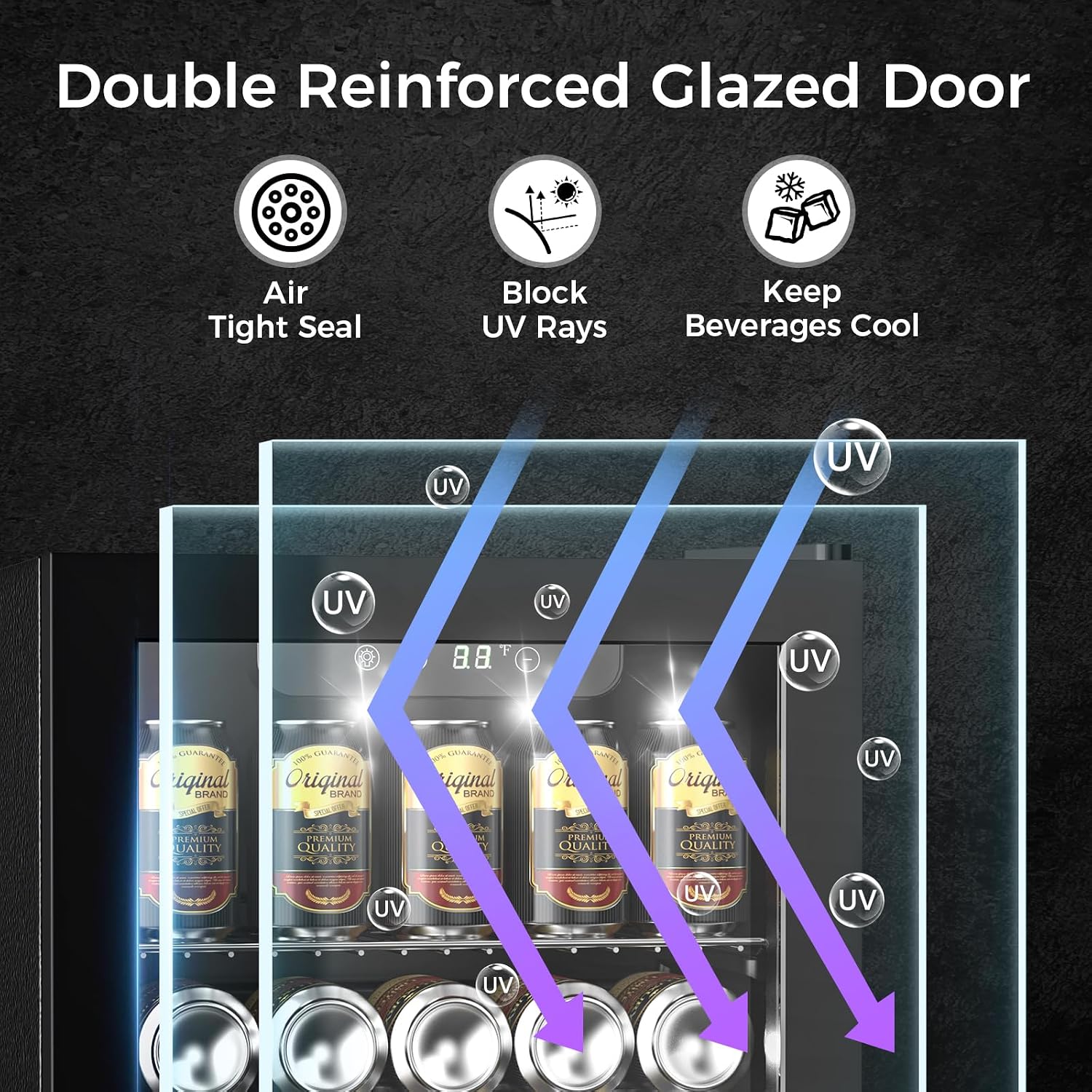 Kndko Mini Beverage Refrigerator - 48 Can Mini Fridge with Digital Temperature Control, LED Light, Reversible Door, Perfect for Home, Office, Bar, and Game Room - 1.3 Cu.Ft, Black
