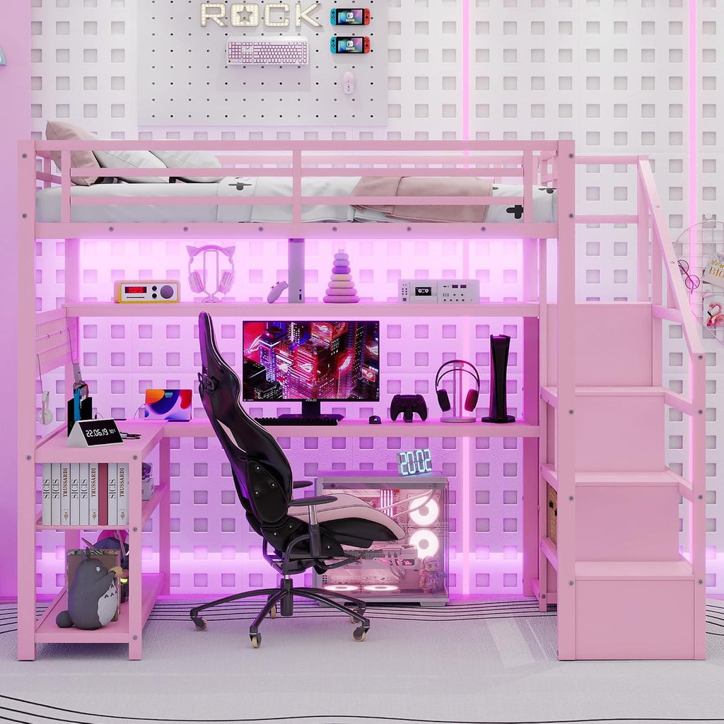 Full size Loft Bed with LED Light and Stairs, Metal Loft Bed Frame with Desk, Storage Drawers & Shelves, Hanging Rod, Gaming Lofts Beds with Charging Station for Adults Teens Kids Gamer, Pink