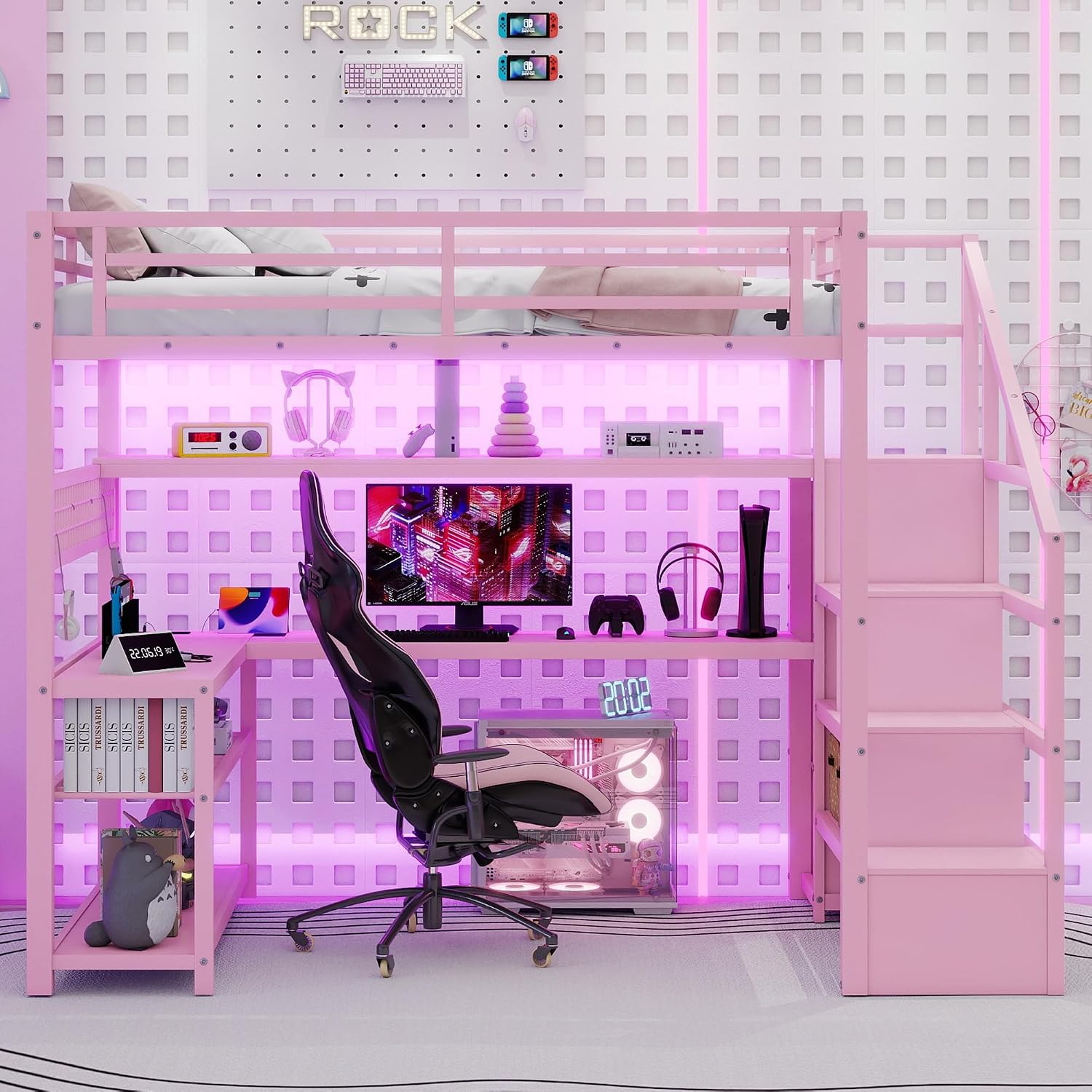 Full size Loft Bed with LED Light and Stairs, Metal Loft Bed Frame with Desk, Storage Drawers & Shelves, Hanging Rod, Gaming Lofts Beds with Charging Station for Adults Teens Kids Gamer, Pink