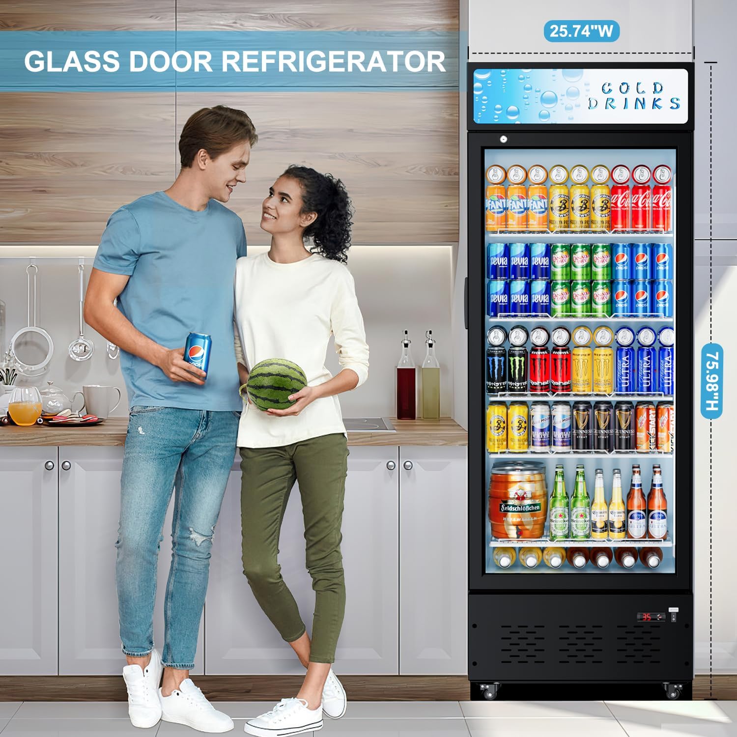 25.7'' W Commercial Refrigerators with Glass Door, 15 Cu.ft. Beverage Refrigerators Commercial Fridge Upright Display Cooler with Soft LED Light and Adjustable Shelves for Restaurant Stores