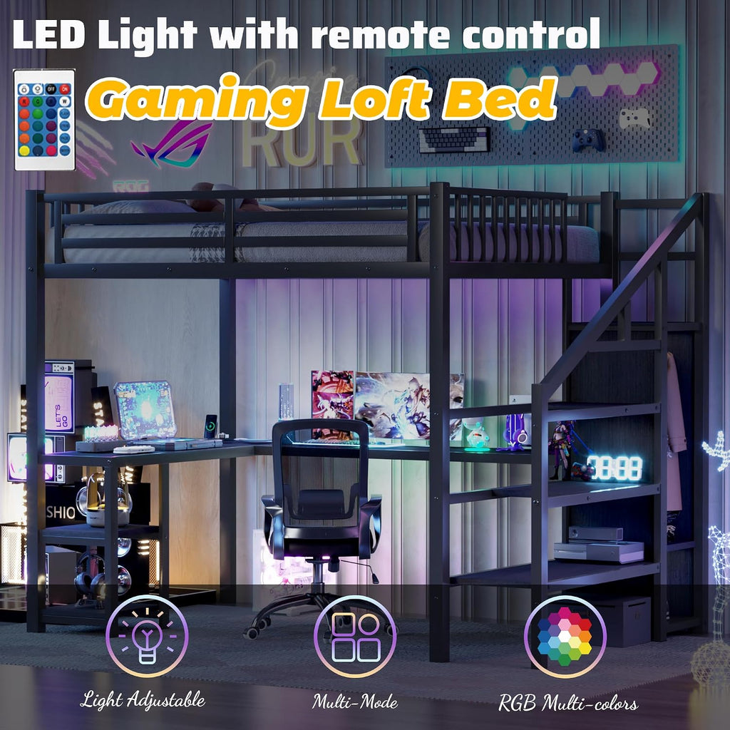Full Size Loft Bed with Stairs and Desk, Metal Gaming Loft Bed with RGB LED Light, Heavy-duty Steel Loft Bed Frame with Storage Wardrobe, Shelves and Charging Station for Adults Kids Teens, Black