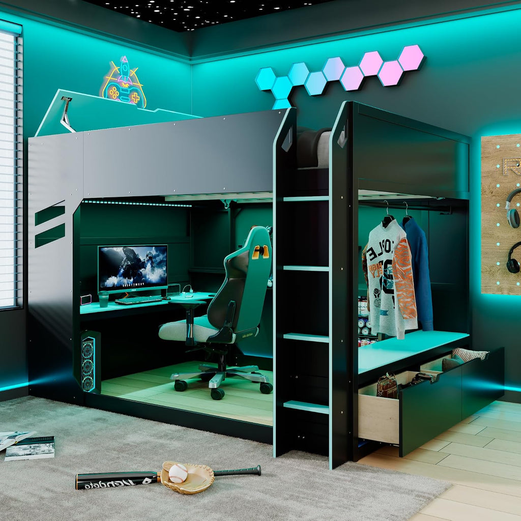 Merax Wood Loft Bed with Height-Adjustable Desk,Drawers,Storage Compartments,Hanging Rod and RGB Lights, Full Size, Blue