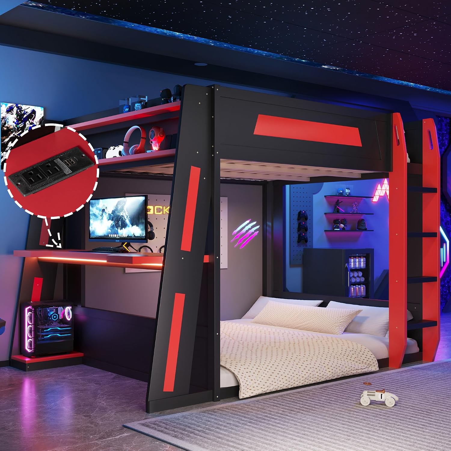 Queen Size Wooden Gaming Bunk Bed with Desk, Two Storage Shelves, USB and LED Light, Sturdy Loft Bed for Gamers & Small Spaces (Black+Red1)