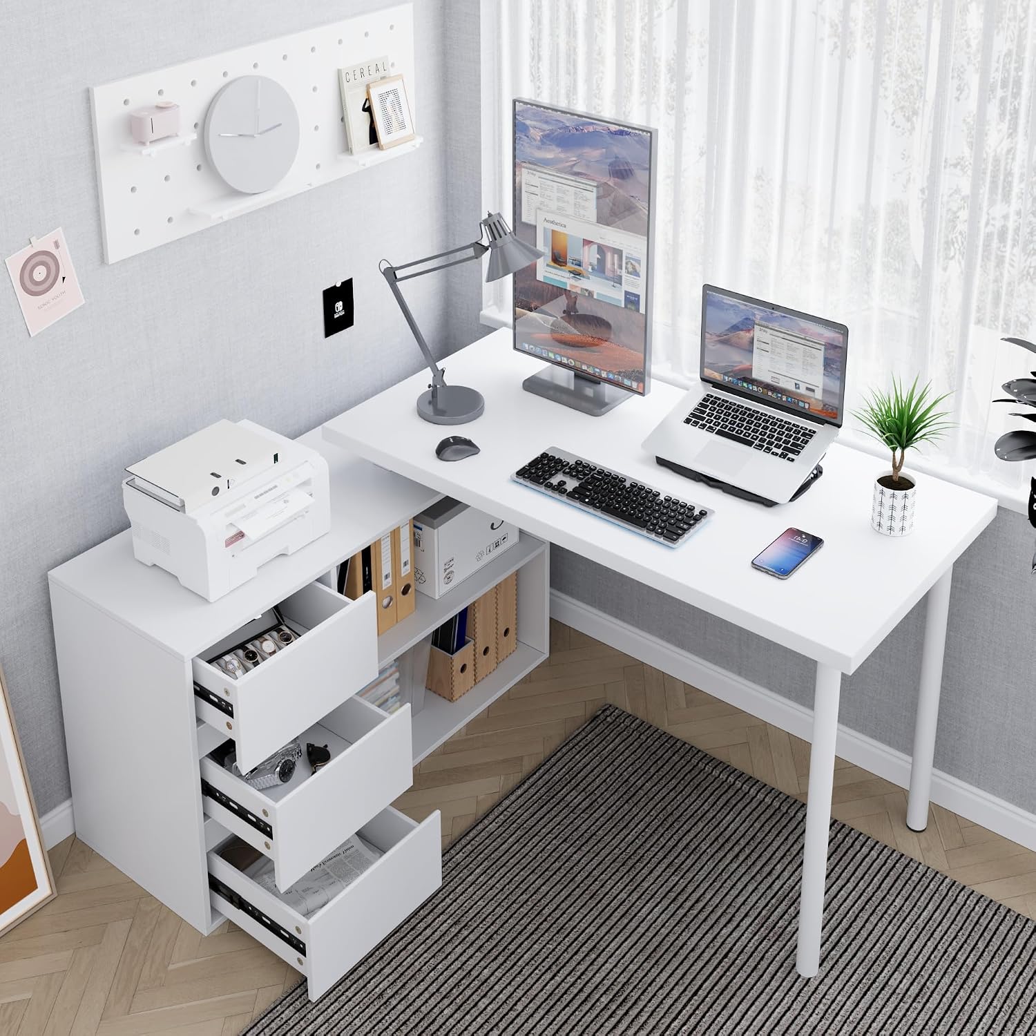 Home Office Computer Desk Corner Desk with 3 Drawers and 2 Shelves, 53-inch L-Shaped Study Desk with Storage, White