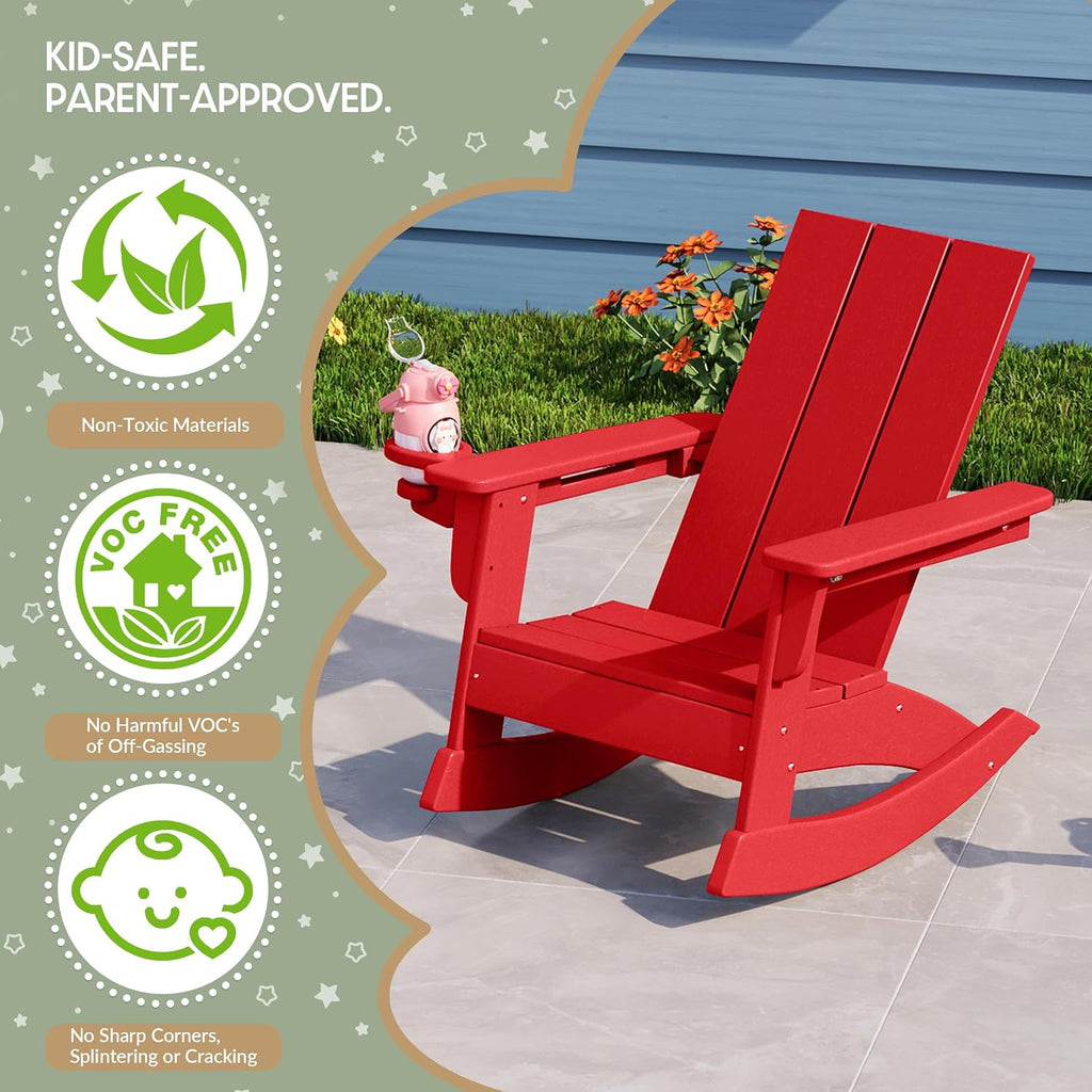 WestinTrends Ashore Outdoor HDPE Plastic Preschool Toddler Modern Adirondack Rocking Chairs (Set of 2), Red