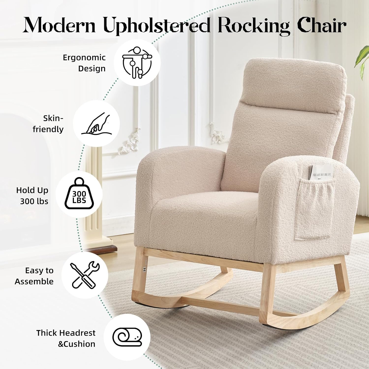 Nursery Glider Rocking Chair with 2 Side Pockets - Solid Wood Legs, Cozy Armchair for Baby Room, Living Room, Bedroom, Comfortable Nursery Essential(Beige)