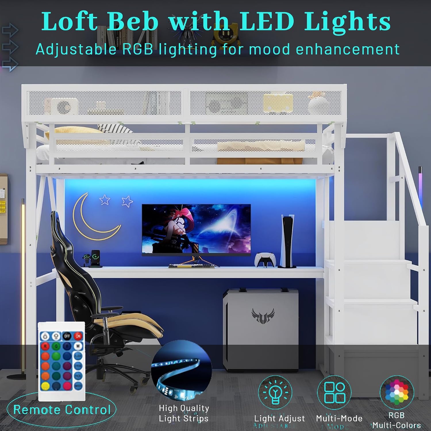 Full Size Loft Bed with Stairs and Desk, Metal Gaming Loft Bed Frame with Bedside Shelf and Light, Heavy-Duty Adults Lofts Beds with Storage Wardrobe & Charging Station, White