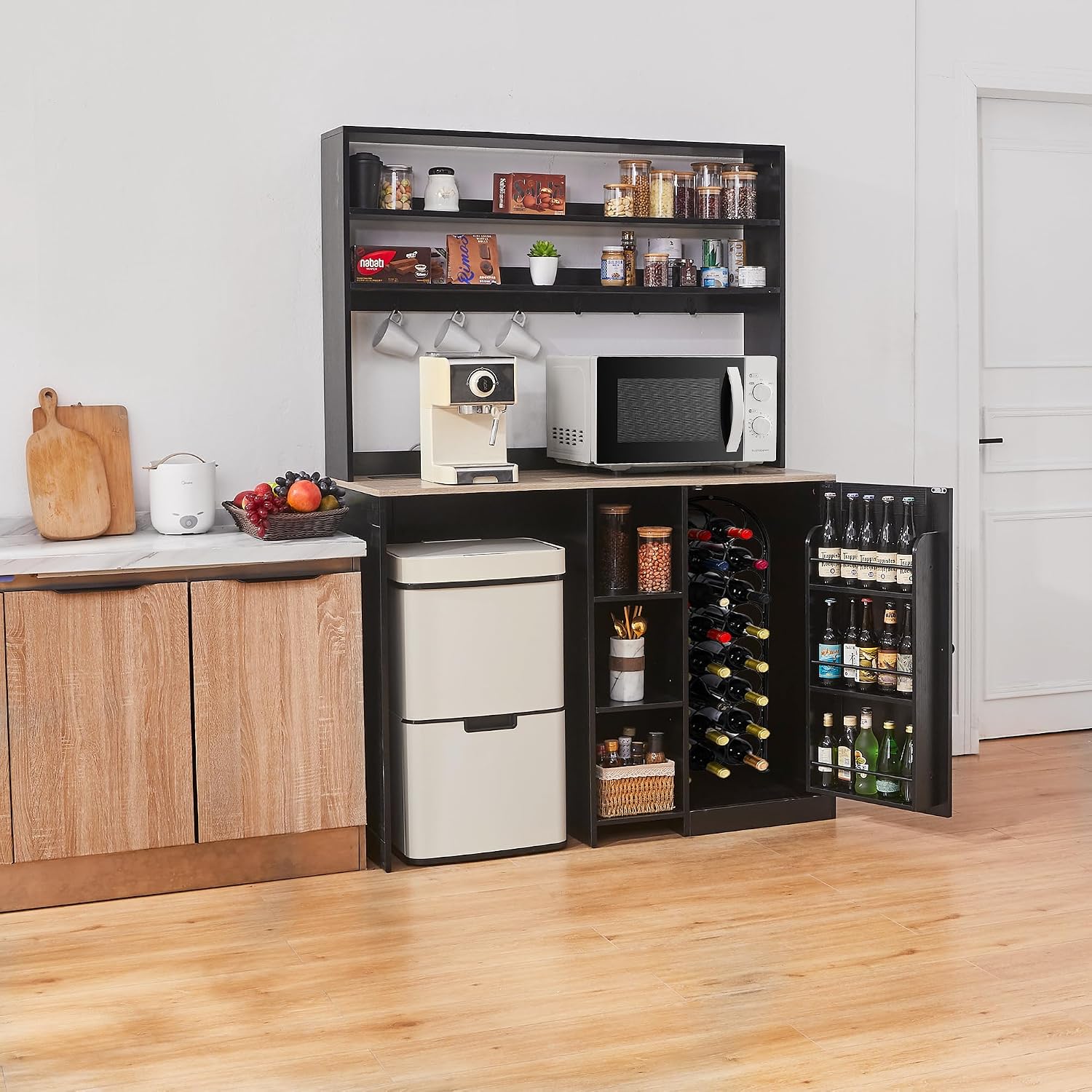 Mini Fridge Cabinet with Storage, Coffee Bar Cabinet with Mini Fridge Space and Power Outlet, Liquor Wine Bar Cabinet with Microwave Shelf, Beverage Station for Kitchen, Dorm, Living Room