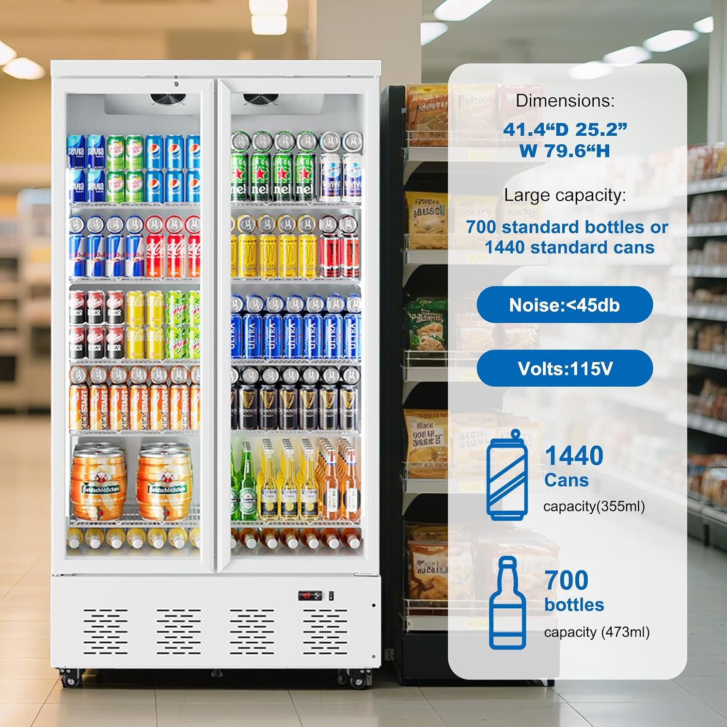 41.4''W White Commercial Refrigerators, 30.5 Cu.Ft 2 Glass Door Commercial Beverage Refrigerators Upright Display Cooler with LED Light and 10 Adjustable Shelves for Restaurant Stores