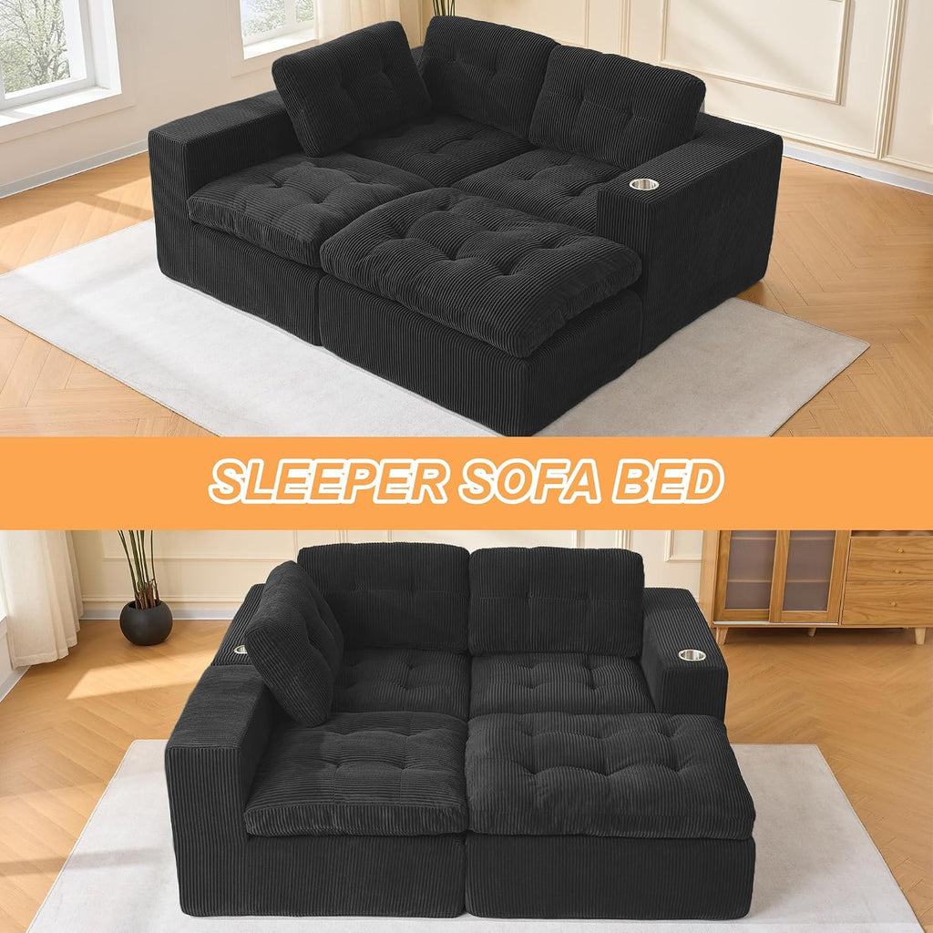 108 inch Boneless L Shaped Modular Sofa Bed, 50' Deep Seat Corduroy Sectional Couch with Ottoman No Assembly, 1400lbs Capacity Cloud Sleeper for Living Room Apartment (Matte Black)