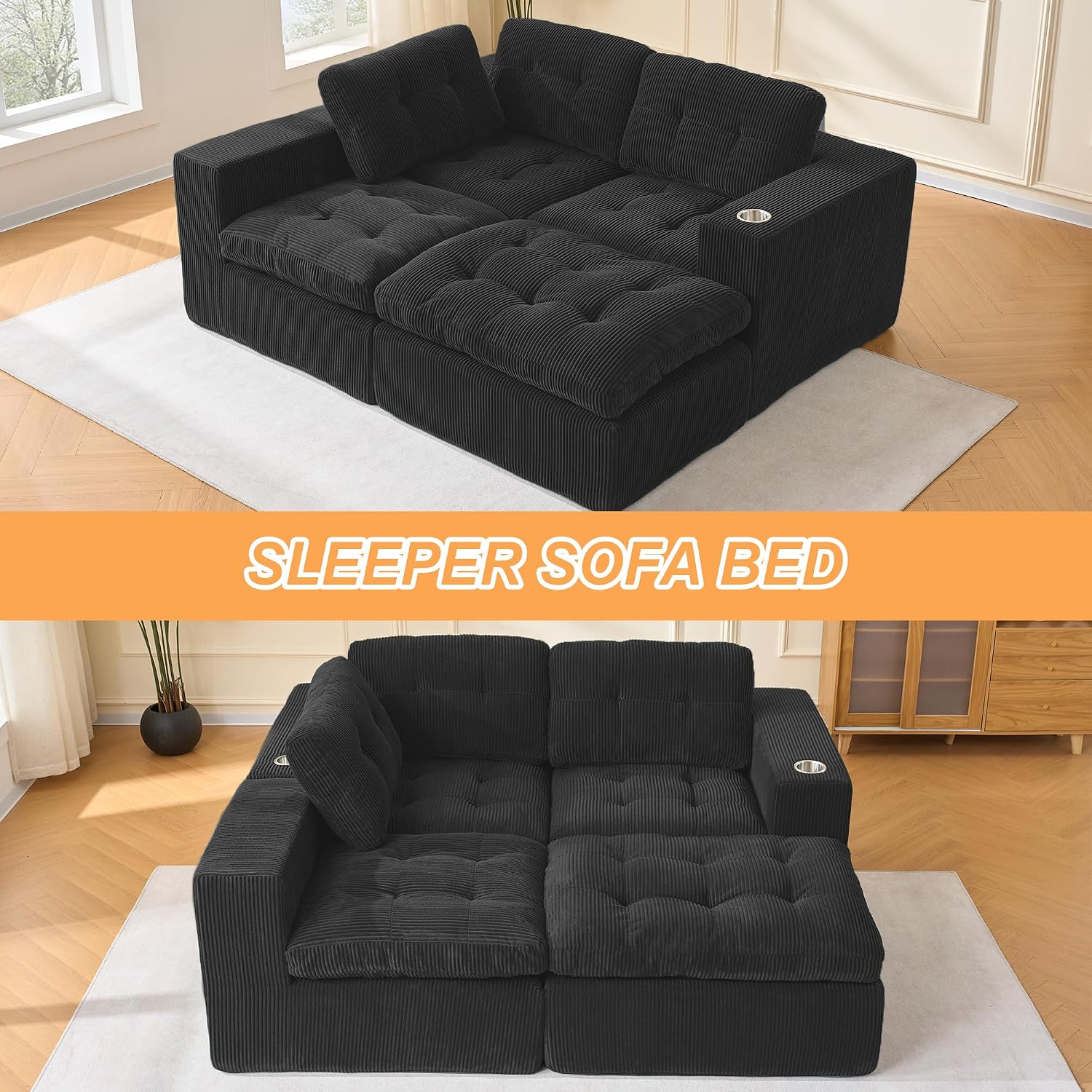 108 inch Boneless L Shaped Modular Sofa Bed, 50' Deep Seat Corduroy Sectional Couch with Ottoman No Assembly, 1400lbs Capacity Cloud Sleeper for Living Room Apartment (Matte Black)