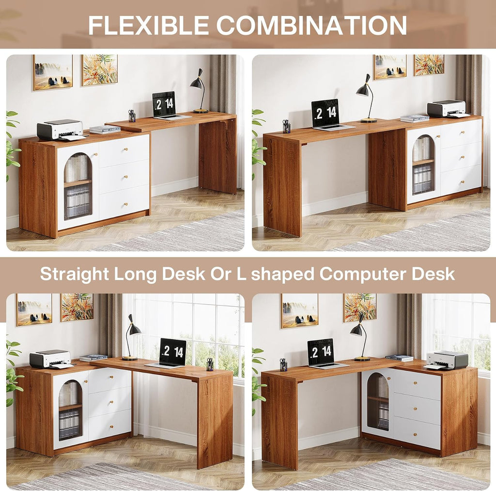 Tribesigns L Shaped Computer Desk with Drawers, Modern Corner Home Office Desk with Reversible Storage Cabinet, Long Study Writing Desk Workstation for Home Office, Rustic Brown