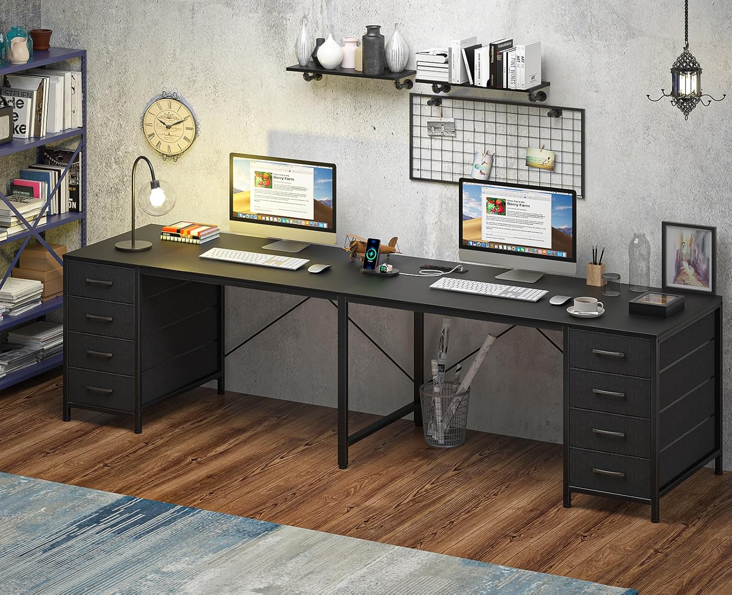 TVU 95' 2 Person Desk with 8 Drawers, Large Writing Home Office Desks with Outlets, I Shaped Workstation Double Desk Drawer Organizers