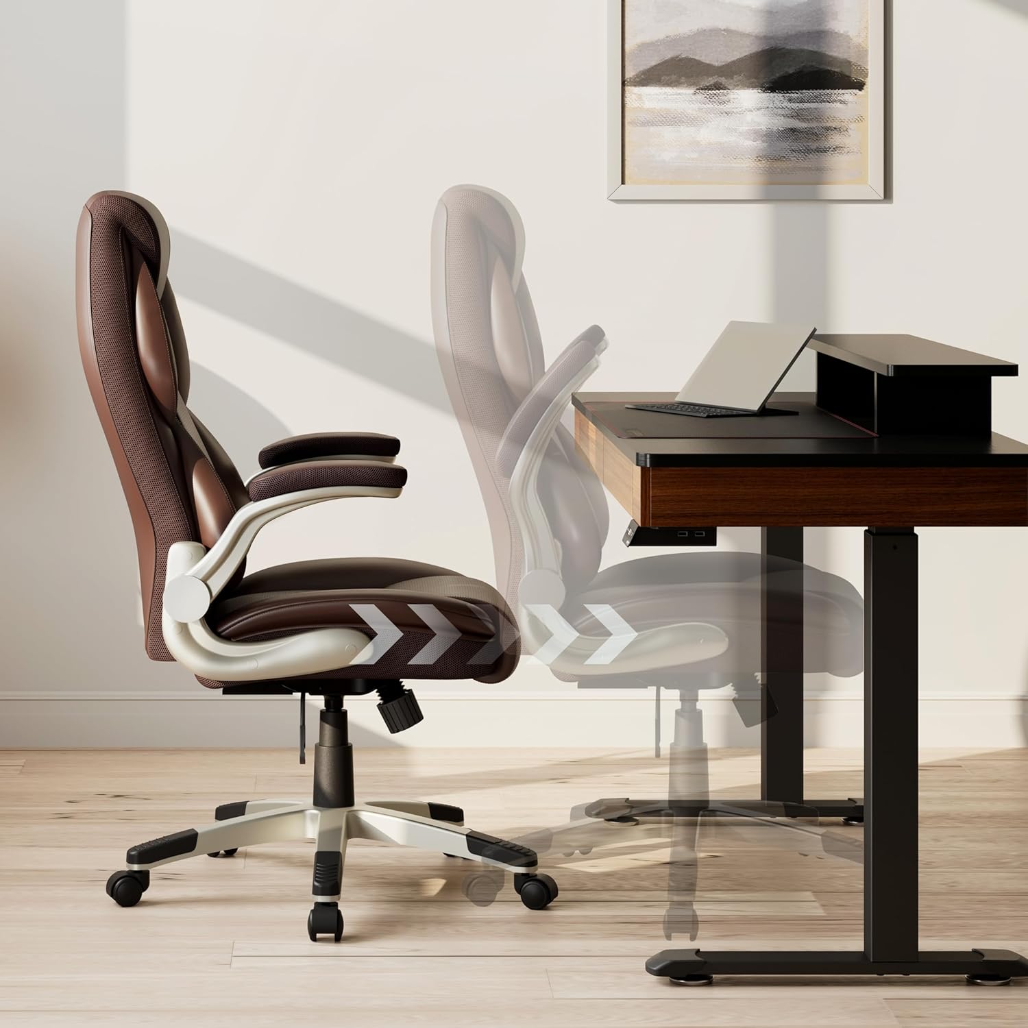 EUREKA ERGONOMIC Galene Executive Office Chair Flip Up Arm Rest, Ergonomic Desk Chair Faux Leather Computer Chair, High Back Office Chair with Headrest, Home Office Desk Chairs with Wheels, Brown