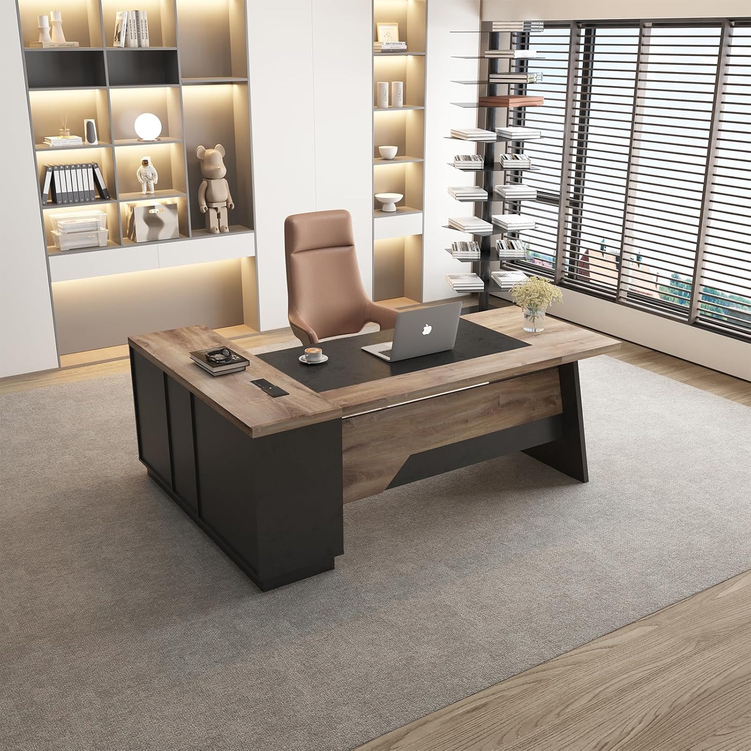 L Shape Executive Desk, Large Office Desk with Drawers & Shelves, 78.74 Inches Industrial Wooden Desk with Storage, Modern Computer Desk for Home Office, Black and Brown, Right Side
