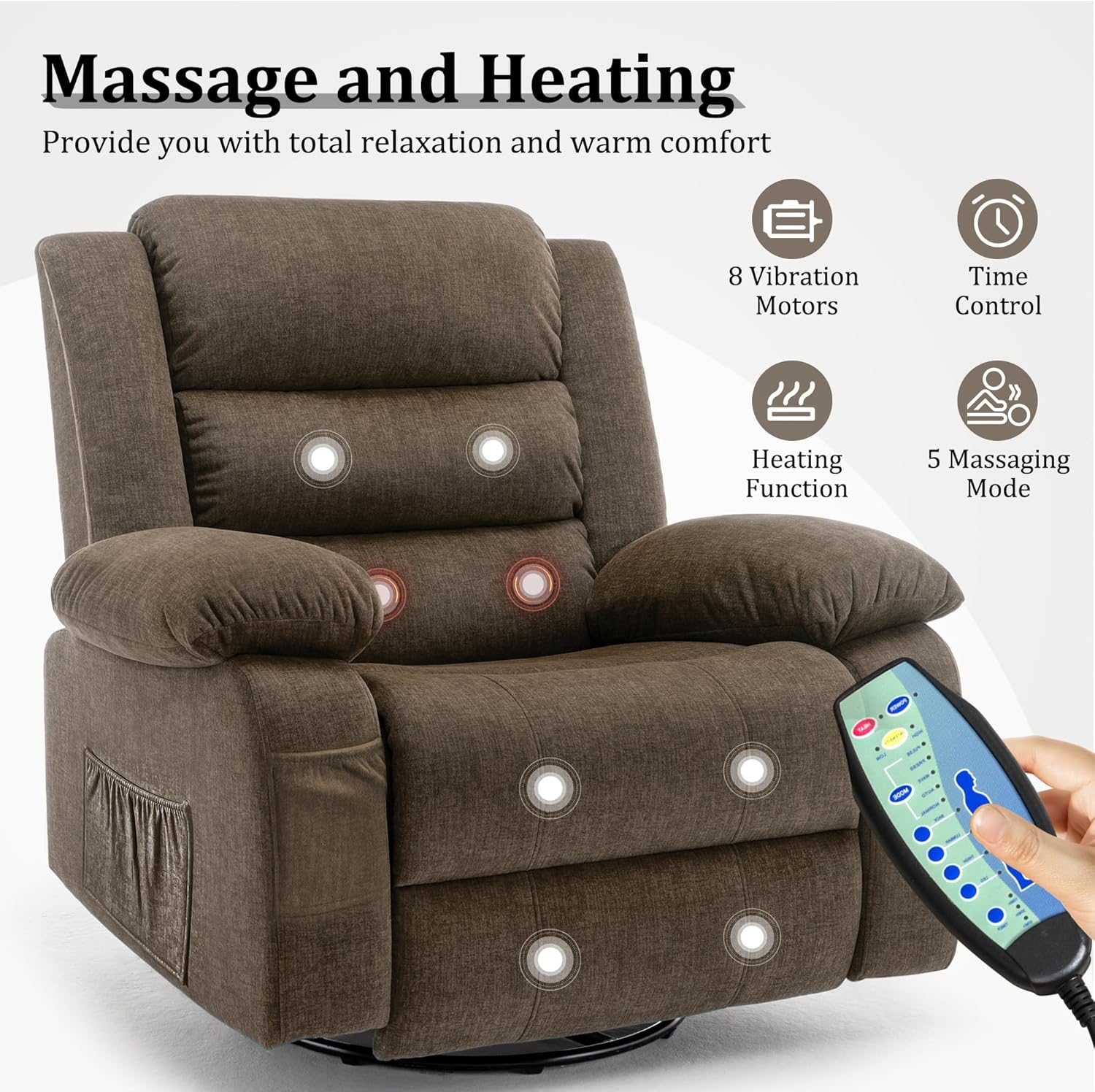 Korser Recliner Chair for Adults, Oversized 360° Swivel Rocker Recliner with Massage and Heat, Wide Nursery Glider Rocking Chair with Side Pockets, Cashmere Reclining Sofa for Living Room (Brown)